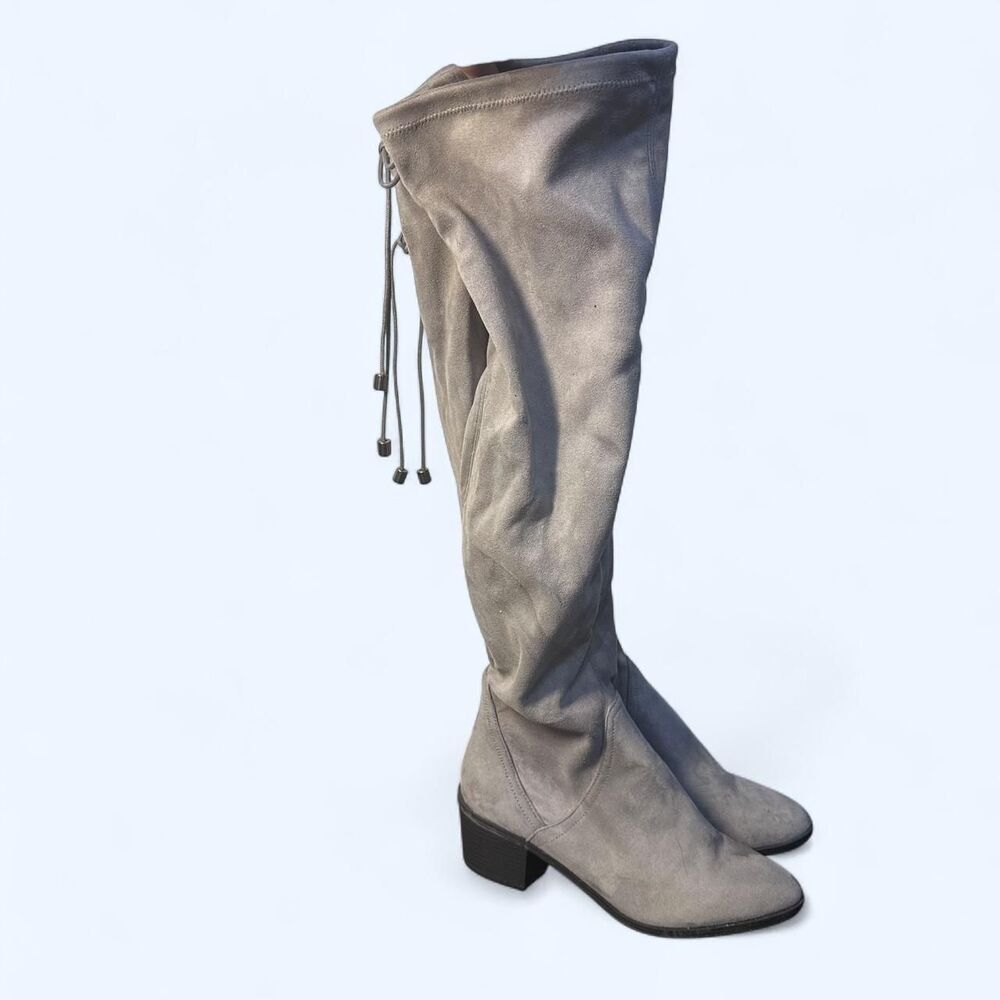 Gray Faux Suede Over The Knee Jane Berkin Style Block Heel Boots 9